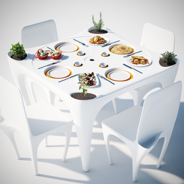 Multifunkční venkovní jídelní stůl „Bye Bye Wind“ od designérů Marco a Paola Olivia Marotto